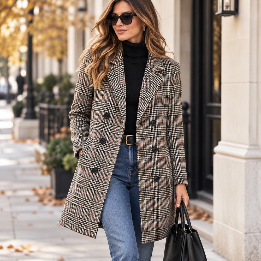 SHEIN Womens Plaid Double Breasted Coat S Glen Check Preppy Old Money Trench
